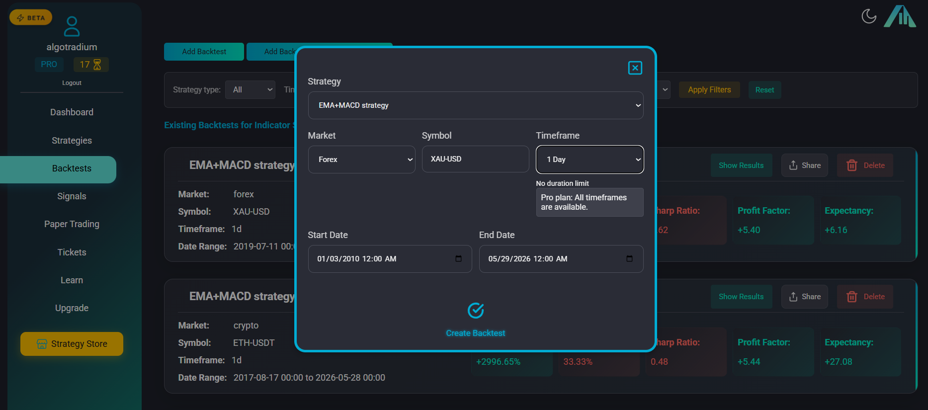 Backtesting panel in Algotradium