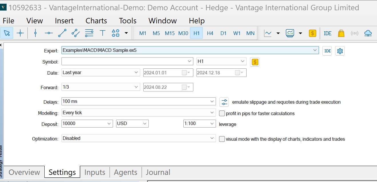 Settings tab in Strategy Tester