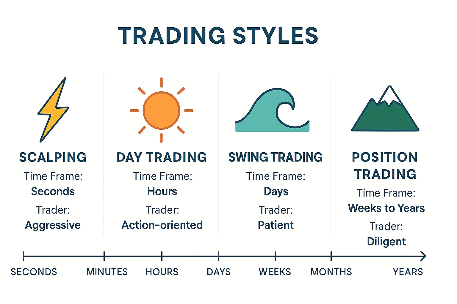 Comparison of different trading styles: Scalping, Day, Swing, Position
