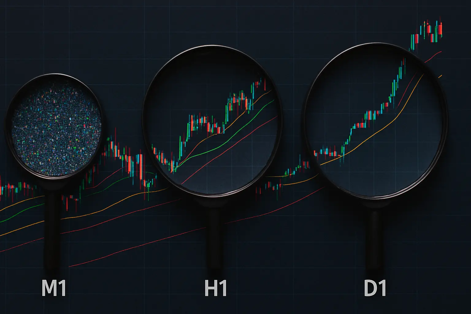Visual comparison of M1, H4, and D1 chart perspectives — how the same market looks through different lenses