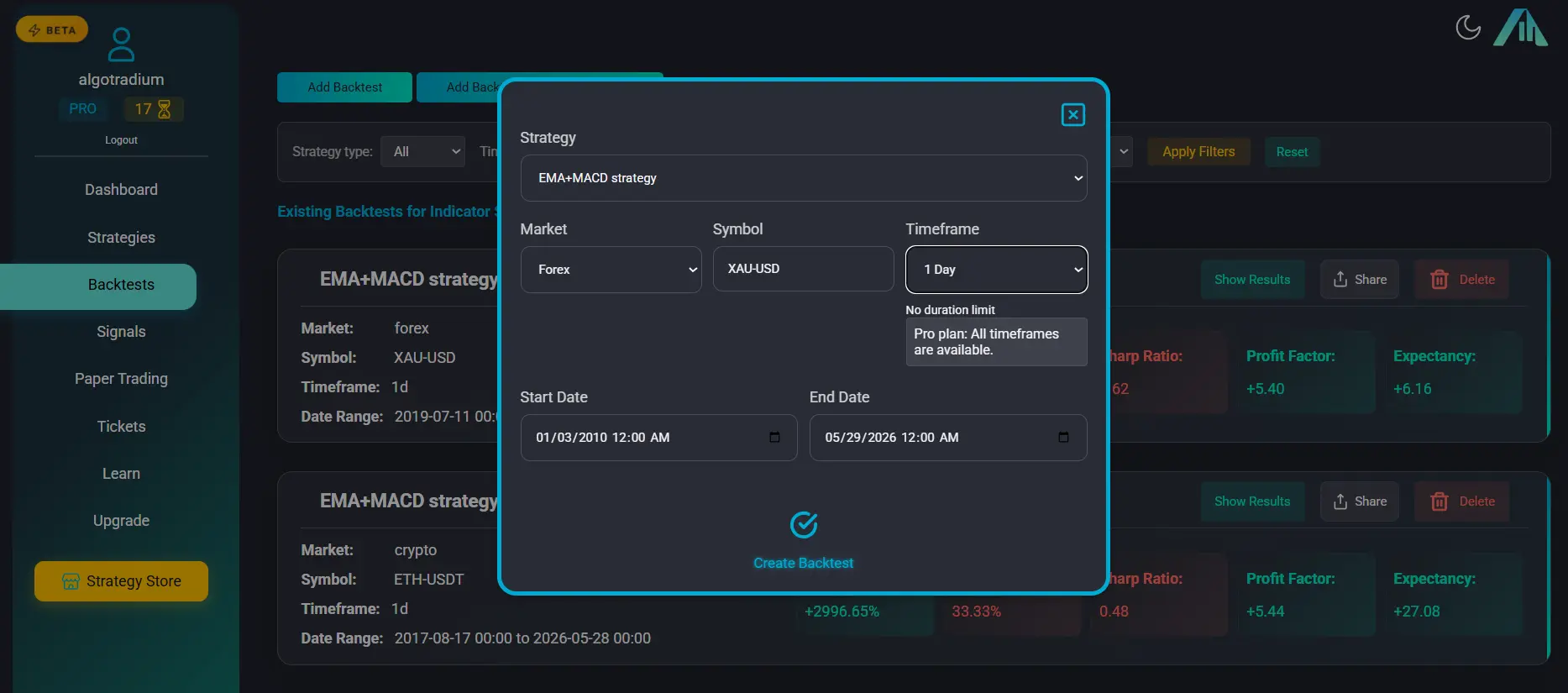 Setting backtest parameters in Algotradium
