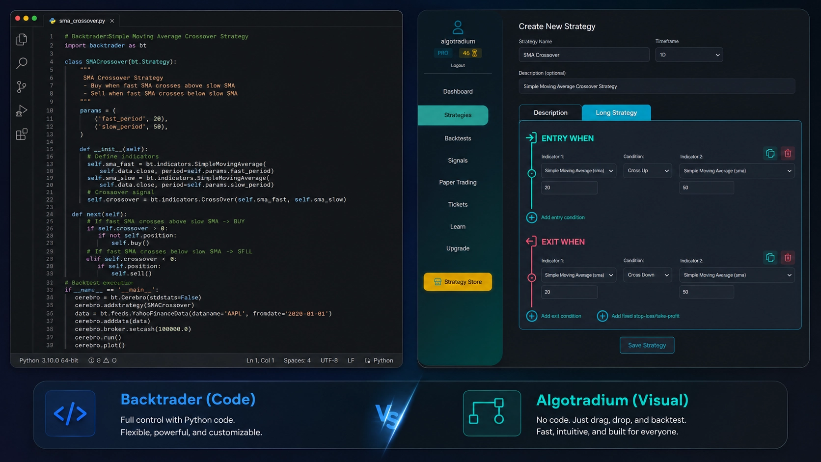 Side-by-side comparison of Backtrader code vs Algotradium visual interface