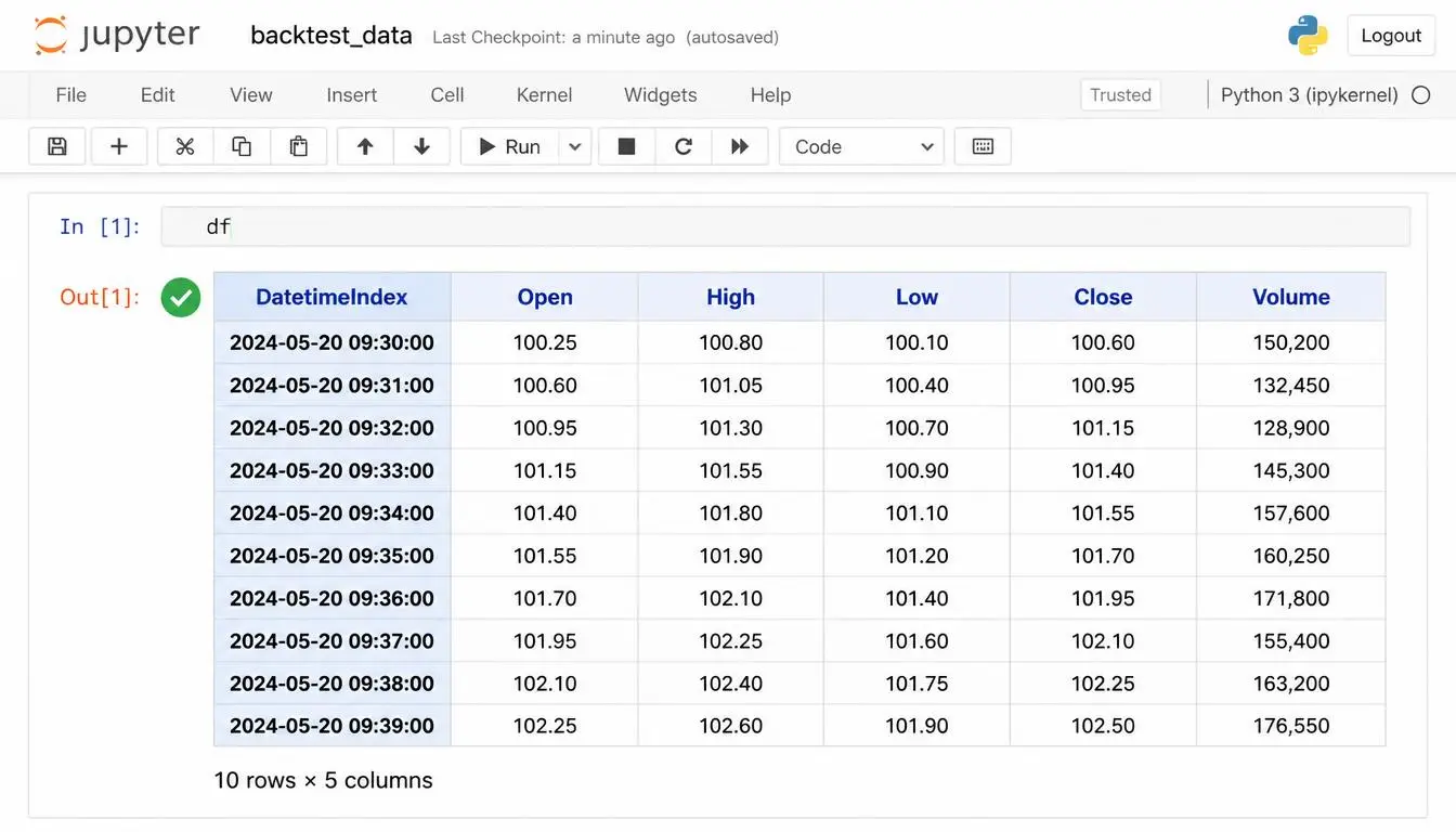 A view of the resulting DataFrame showing the DatetimeIndex and the Open, High, Low, Close and Volume columns